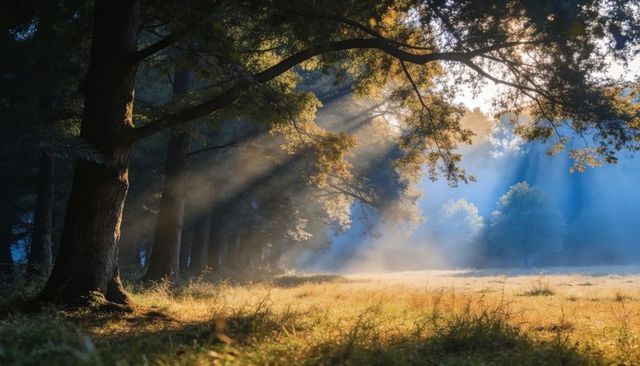 Sunlight bathing misty meadow through forest canopy, golden rays filtering through trees