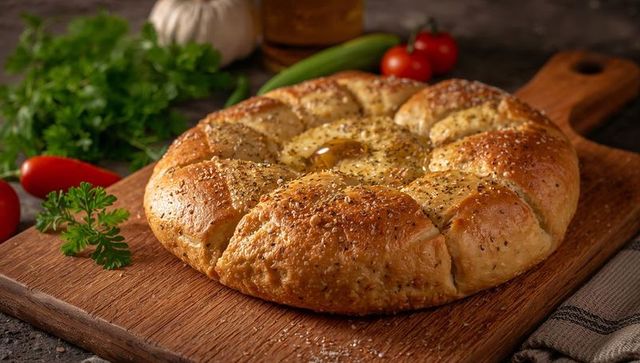 Rustic sesame herb pull-apart loaf dripping olive oil on wooden cutting board