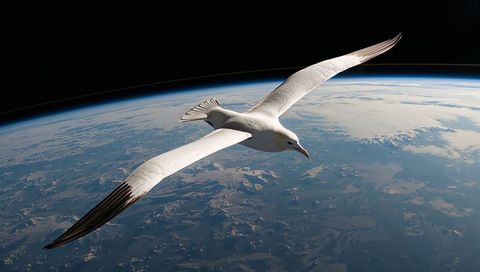Albatross gliding above curved earth horizon over blue atmosphere and sunlit limb