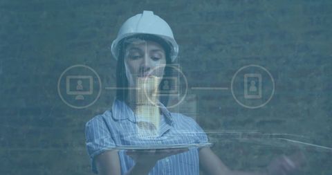 Female Engineer Holding Tablet with Augmented Reality Hologram