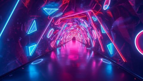 Glowing neon tunnel featuring geometric LED frames and cyberpunk reflections