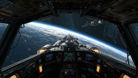 Cockpit view piloting capital starship toward blue planet with futuristic control panels
