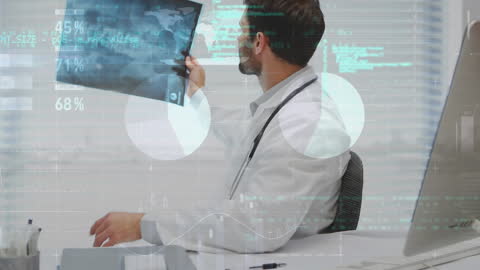 Doctor Analyzing X-Ray Overlayed with Digital Data Interface