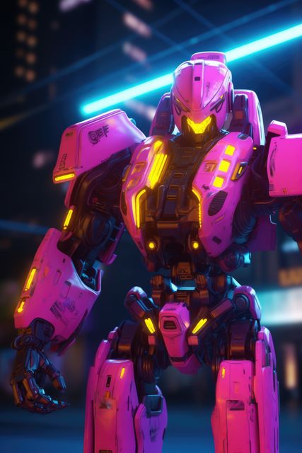 Pink mecha giant robot with lights over cityscape, created using generative ai technology. Mecha, science fiction and machines concept digitally generated image.