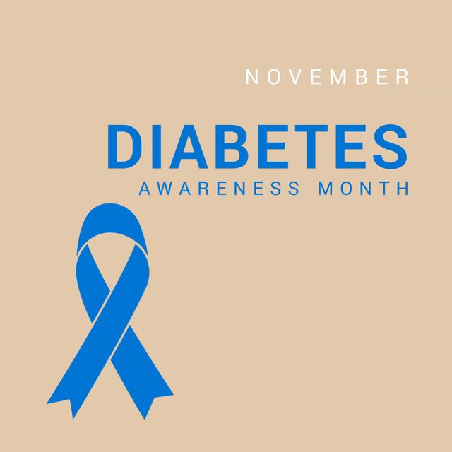 Image of november diabetes awareness month and blue ribbon on yellow background. Health, medicine and diabetes awareness concept.