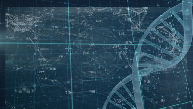 Futuristic visualization of a DNA helix overlaid with various data points and network lines representing biotechnology and scientific data analysis. Ideal for use in biotechnology research presentations, AI and machine learning article illustrations, futuristic scientific infographics, and educational materials highlighting advancements in genetics and data processing technologies.