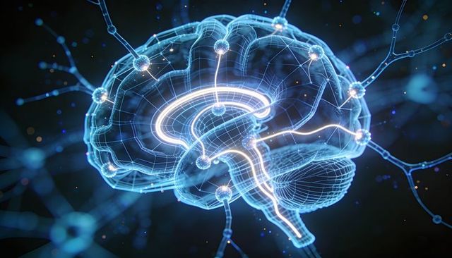 Glowing translucent brain wireframe mapping neural pathways with synapse nodes