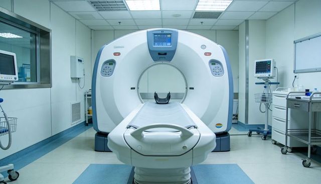 Ct scanner gantry showing patient table in modern hospital radiology room