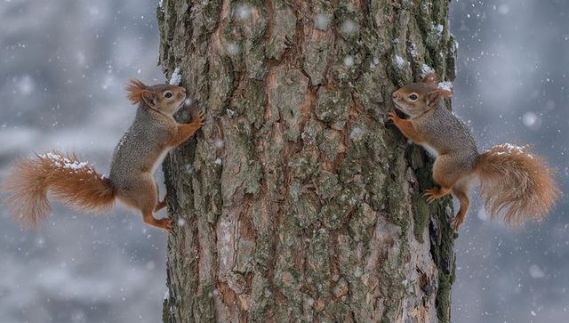 Red squirrel pair clinging to tree trunk amid snowfall in winter forest