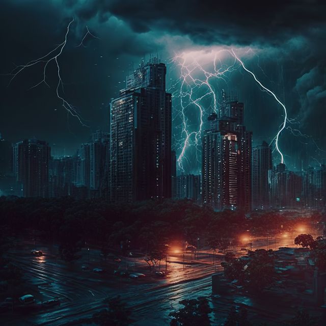 Dramatic Thunderstorm over Modern Cityscape at Night - Download Free Stock Images Pikwizard.com