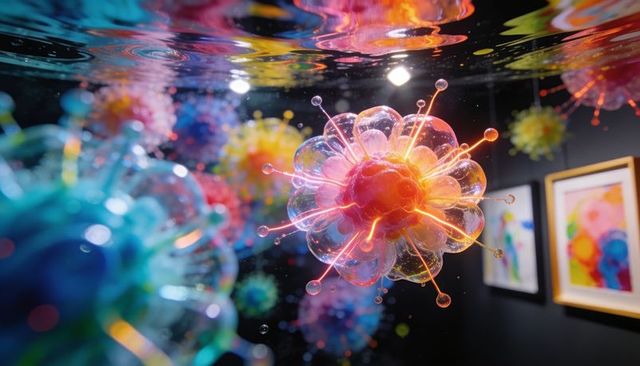 Floating translucent spiky orb with glowing orange core in mirrored gallery, abstract 3d art