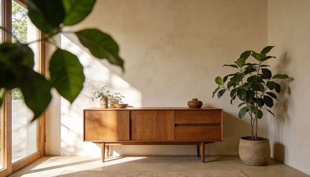 Midcentury teak sideboard basking in warm sunlight with fiddle leaf fig