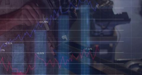 Industrial technician adjusts drill press with performance charts overlay