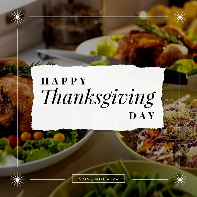 Composition of thanksgiving day text over traditional food at table. Thanksgiving day and celebration concept digitally generated image.