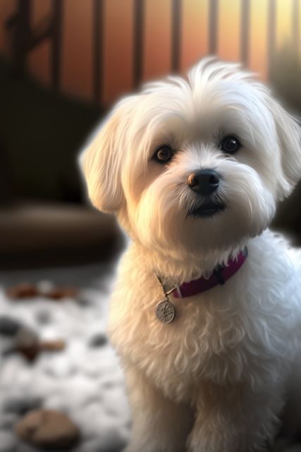 This charming Maltese puppy gazing at the camera while bathed in soft sunlight creates a warm and inviting atmosphere, making it ideal for promoting pet care products, dog-friendly apartments, and pet adoption services. The cuddly appearance of the puppy can also be used in greeting cards, calendars, and inspirational social media posts about pets.