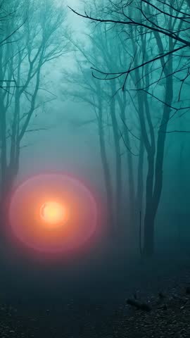 Vertical eerie orange orb pulsing through foggy forest at twilight cinematic loop