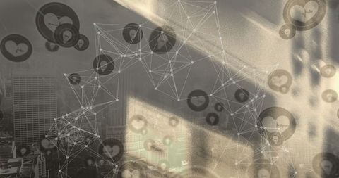 Digital network overlay on urban cityscape with interactive icons