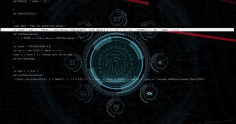 Futuristic biometric fingerprint HUD scanning on neon teal cybersecurity dashboard