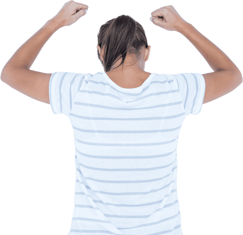 Rear View of Woman in Striped Shirt Raising Arms on Transparent Background