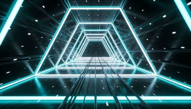 Futuristic Neon Hexagonal Tunnel with Reflective Metallic Rails and Vanishing Point