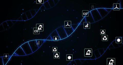 Neon DNA Helix Connecting Genetic Data with Sustainability, Clean Energy and Recycling Icons