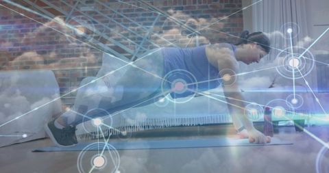 Caucasian woman exercising at home with digital networks overlay