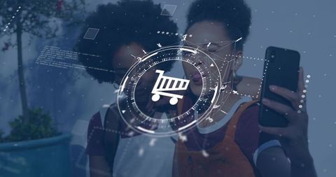 Young women taking selfie with augmented reality shopping cart overlay for mobile commerce