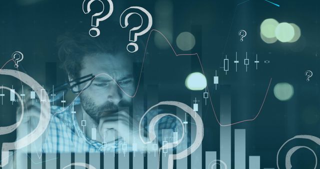 Stressed businessman analyzing complex financial data charts with overlays of question marks symbolizing confusion. Useful for content related to financial markets, investment challenges, economic uncertainty, or financial analysis.