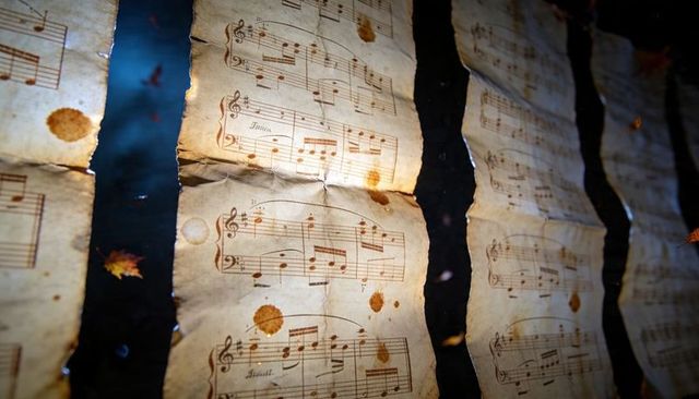 Aged sheet music strips floating on dark water with coffee stains and autumn leaves
