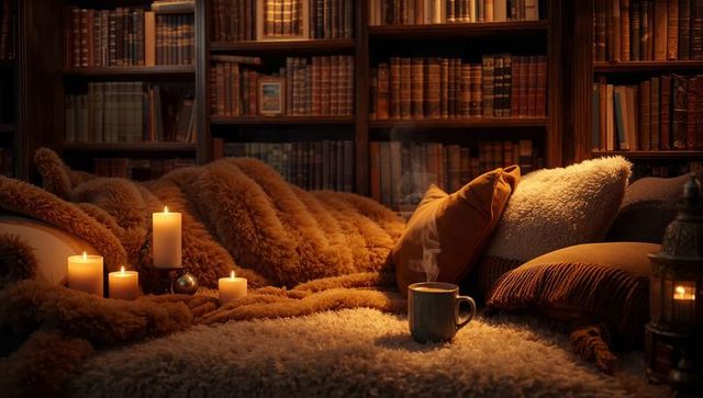 Cozy Library Nook with Candles and Warm Blankets at Dusk