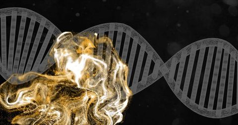 Golden energy flow interacting with translucent dna helix for futuristic biotech design