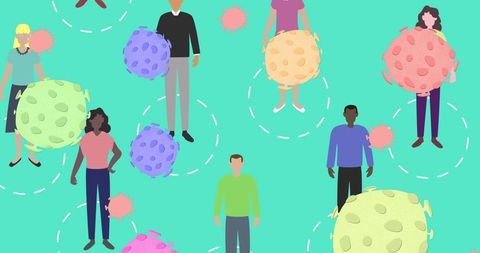 Diverse Group Practicing Social Distancing with Virus Illustrations