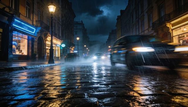 Rainy neon night on cobblestone street with motion blur headlights and reflections