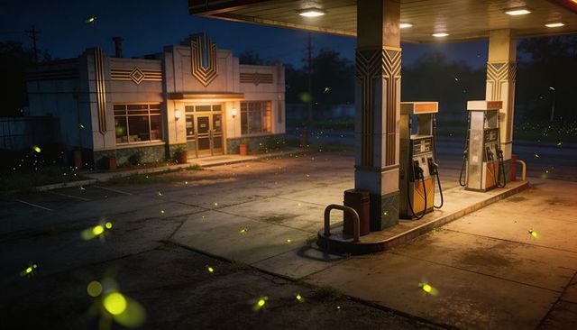 Glowing vintage fuel pumps sitting under canopy at deserted art deco gas station night