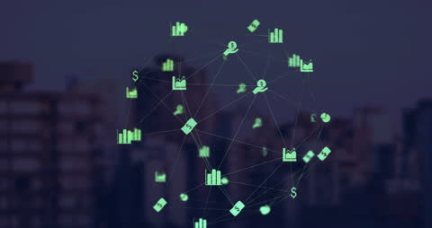 Digital Network Interface with Finance and Analytics Icons