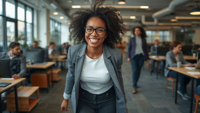 Smiling Businesswoman in Open-Plan Workspace Engaging with Colleagues