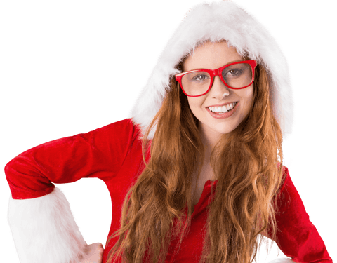Joyful redhead wearing santa hat and red glasses on transparent background