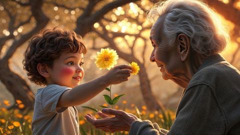 Grandmother and toddler sharing joy in sunlit meadow, forgiveness theme