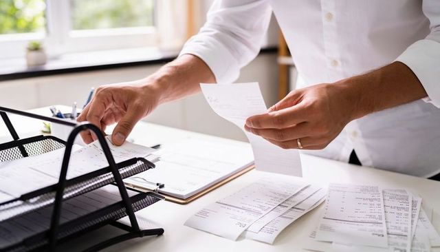 Sorting receipts and organizing desk paperwork with mesh document organizer, daylight
