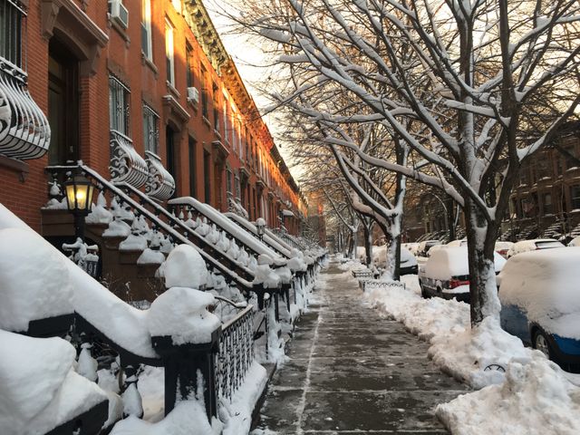 Snow blankets a quiet city street lined with charming brownstone houses at sunset. Bare trees stand beside snow-covered parked cars, creating a serene winter scene perfect for themes related to urban living, residential areas, winter season, tranquility, and architectural charm.