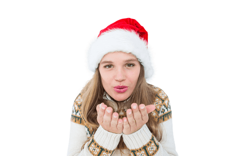 Festive young woman blowing kiss in transparent background