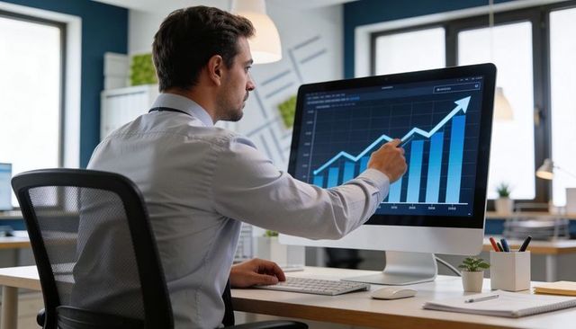Business analyst pointing to rising bar chart on desktop monitor showing financial growth