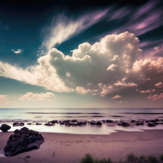 Dramatic cloud formation hovering over a tranquil beach at sunset, creating a mesmerizing and serene atmosphere. The shoreline features large rocks scattered on the sand, juxtaposed with the calm ocean waves. Perfect for use in travel and tourism promotions, relaxation and meditation visuals, or any project requiring a peaceful and picturesque beach scene.