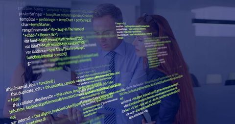 Business Team Collaborating Around Tablet with Augmented Code Overlay in Glass Office
