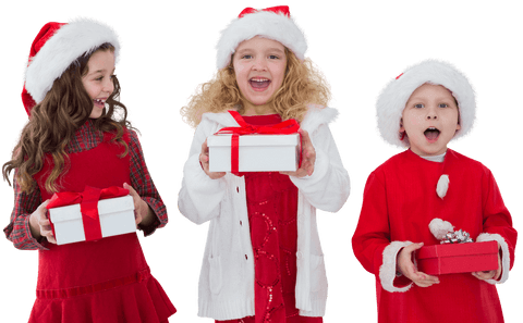 Caucasian Children with Christmas Gifts on Transparent Background