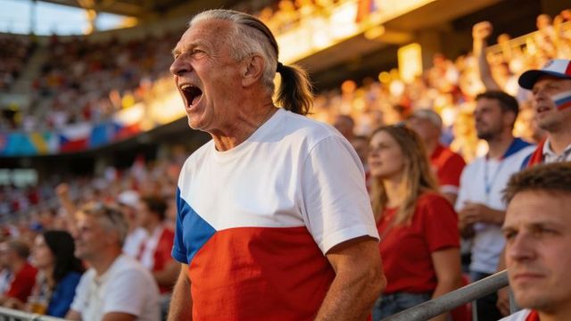 Shouting senior fan cheering in sunlit stadium wearing red white blue shirt