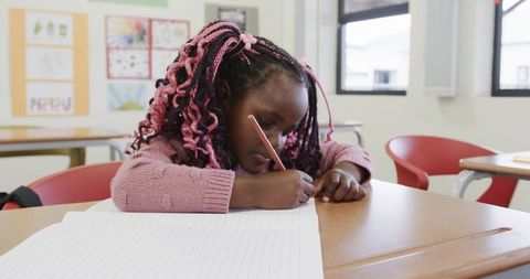 Focused Young Student Writing in Classroom Enhances Learning Skills