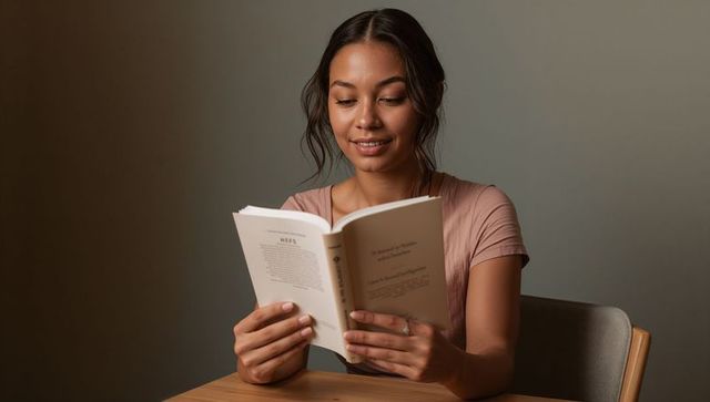 Young woman reading paperback at wooden table, calm warm indoor lighting