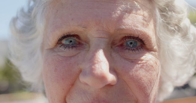 This close-up image of an elderly woman with beautiful blue eyes and white hair taken outdoors in natural light is perfect for use in health care, senior life, aging population, eye care, and personal or emotional storytelling projects.