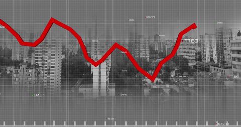 red graph line overlaying cityscape represents market trends - Download Free Stock Images Pikwizard.com